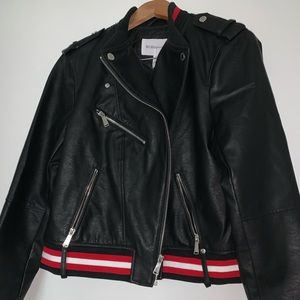 BCBG black bomber leatherette jacket size L